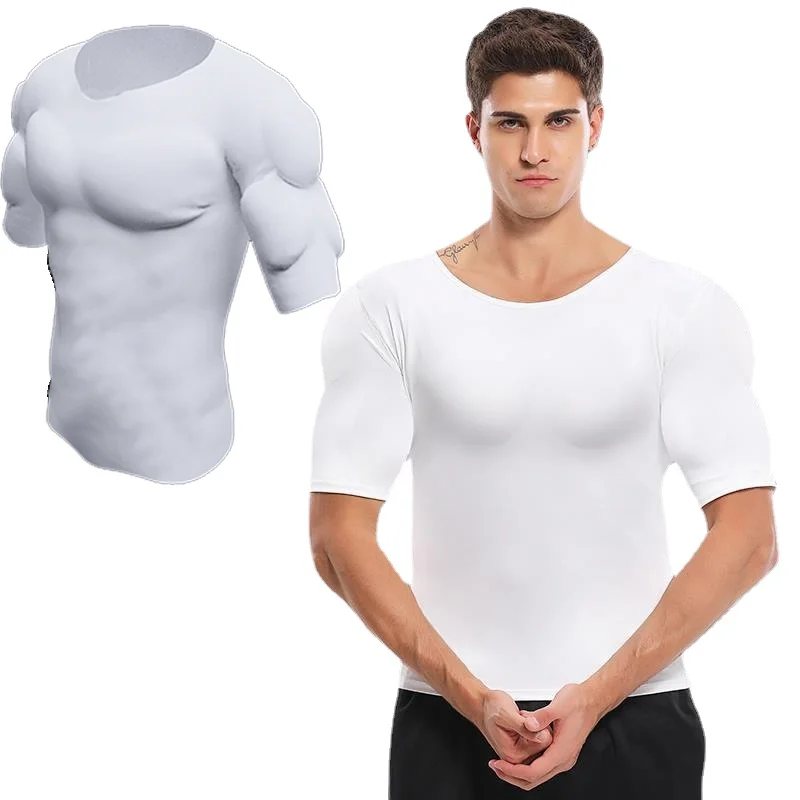 Men Body Shaper Fake Muscle Enhancers Shirt ABS Invisible Pads Chest Tops Faux Muscles Homme Fitness Muscular Cosplay Underwear