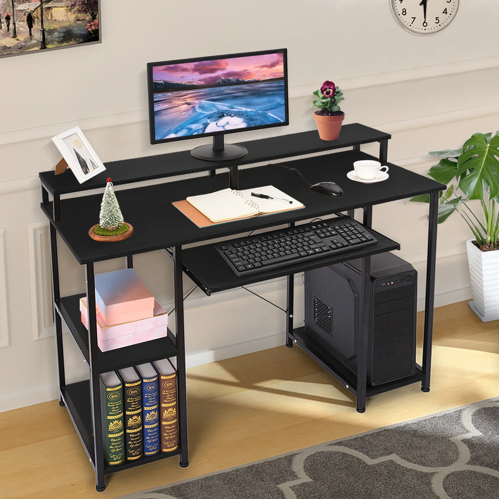 

Modern Computer Desk With Storage Shelves Home Learning Desk Workstation Black