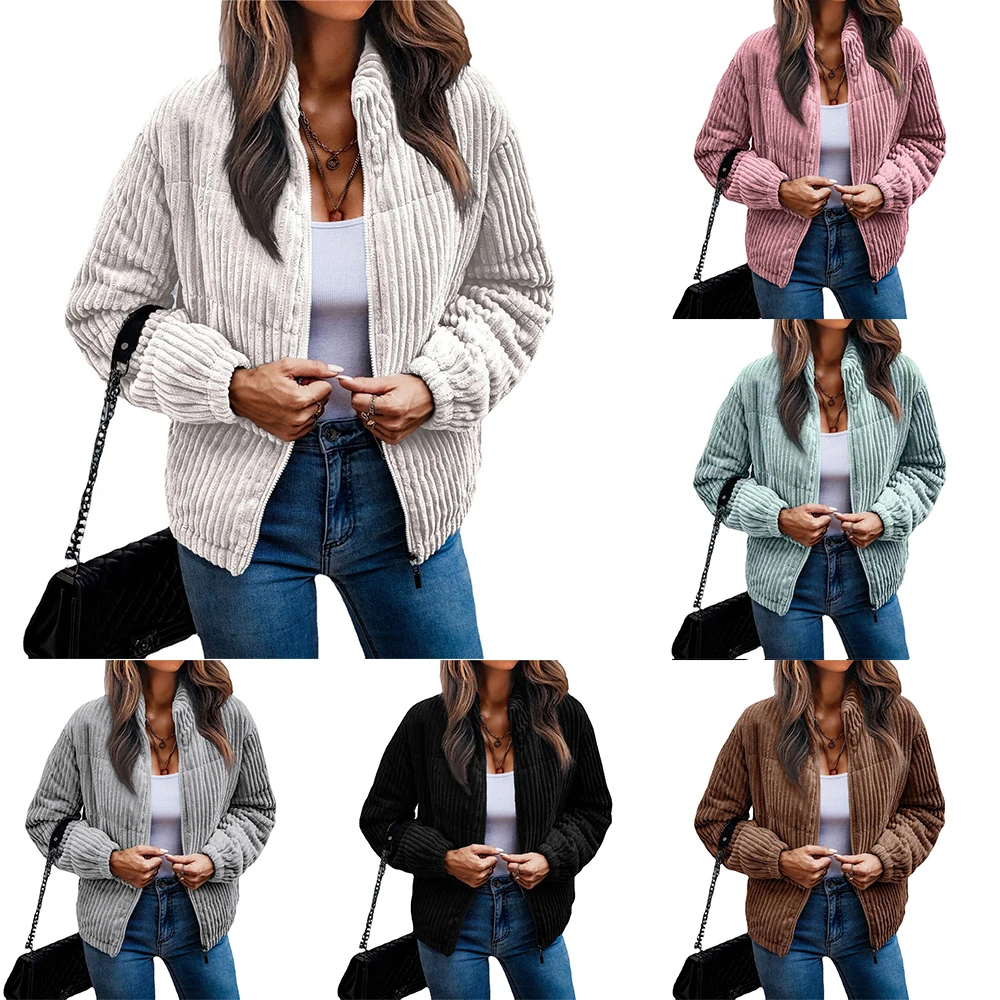 

Women Winter Coat Solid Color Zipper Stand Collar Thick Striped Texture Dispel Cold Cardigan Casual Spring Coats Fleece Jackets