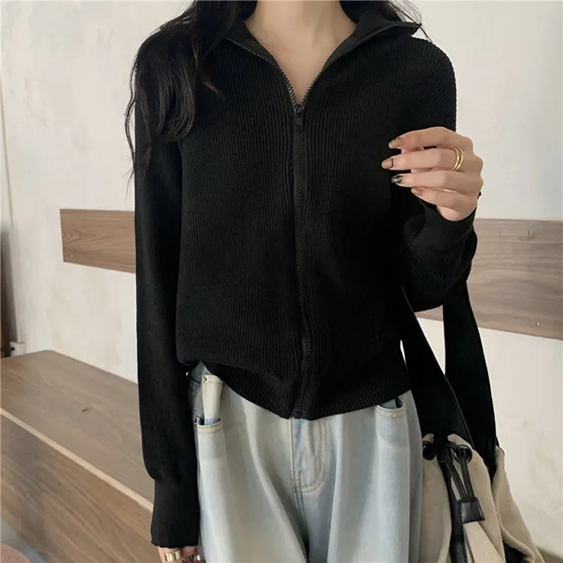 

2022 Autumn Winter Zipper Pit Strip Knit Cardigan Sweater Women's Solid Short Jacket Loose Lapel Long Sleeve Top Sweater