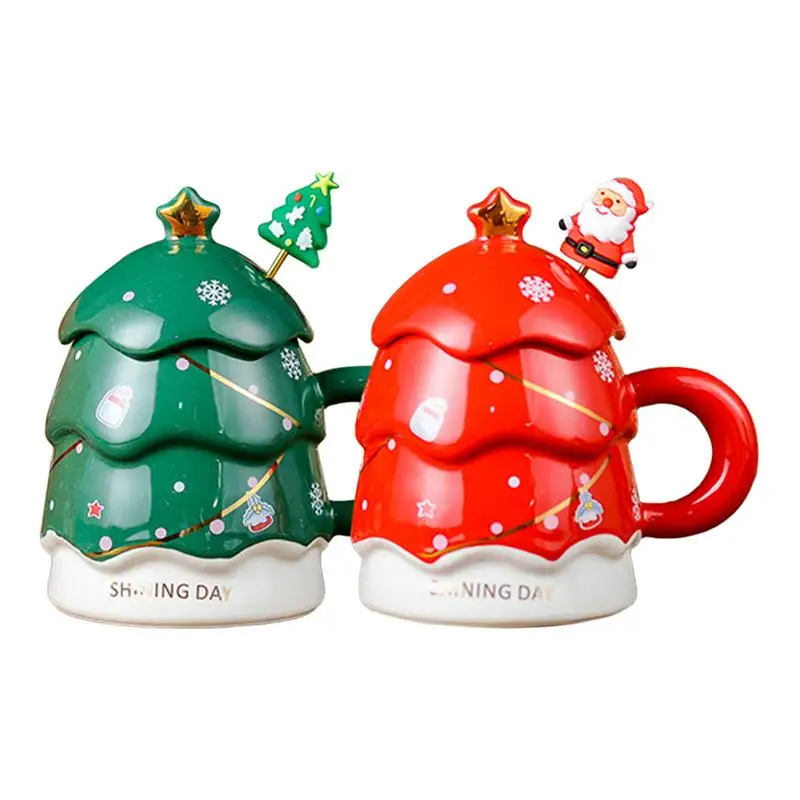 

Christmas Tree Mug Cute Milk Cup Ceramic Couple Mug Set Cute Holiday Cup With Lid Santa's Teaspoon Winter Decoration cup