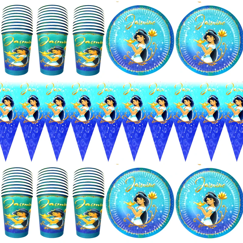 

60pcs/lot Jasmine Princess Aladdin Theme Tableware Set Decorate Birthday Party Cups Banner Plates Girls Kids Favors Flags Dishes