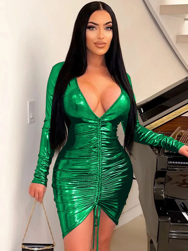 

Black Silver Drawstring Ruched Bodycon Dresses Long Sleeve V Neck Nightclub Outfits Women Evening Party Prom Sexy Club Dress