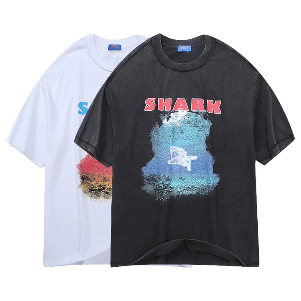 

2022SS TEE Undersea World Shark Print Wash Water Do old reverse wear design high street retro short sleeve T-shirt