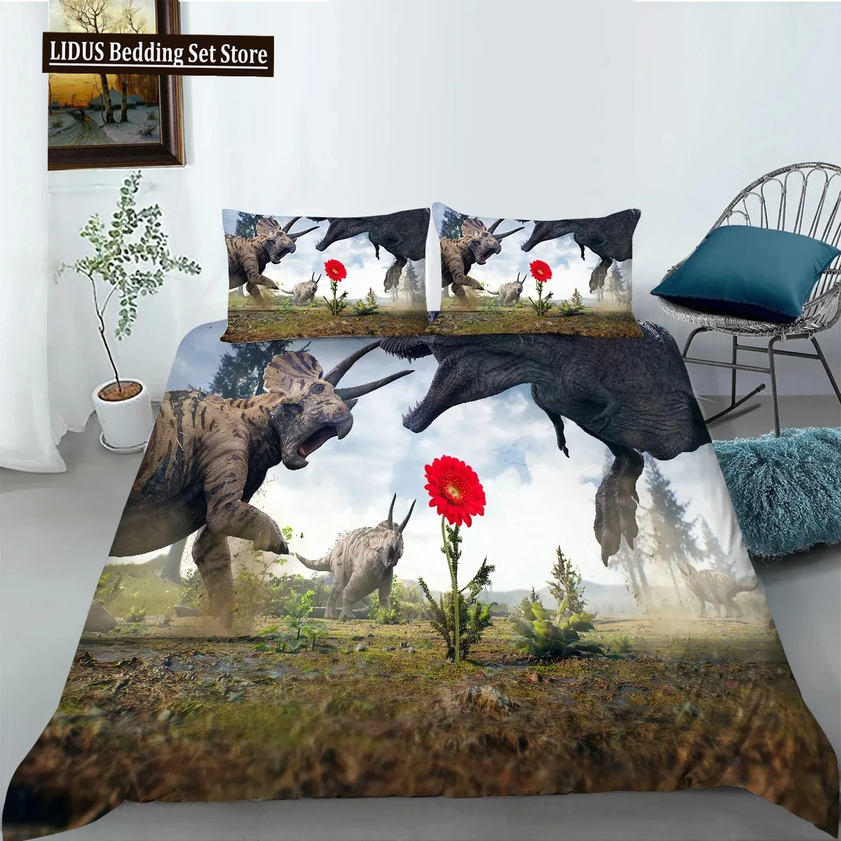 Jurassic Dinosaur Duvet Cover King Queen Huge Brown Triceratops Tyrannosaurus Diplodocus Polyester Bedding Set For Boys