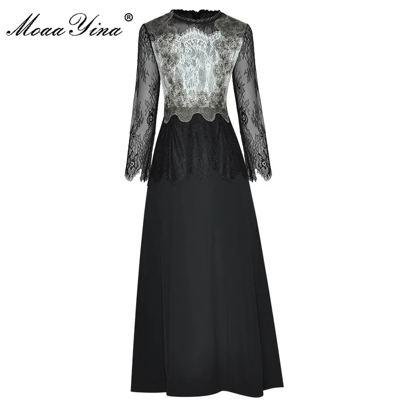 

MoaaYina Fashion Designer Summer Dress Women Long sleeve Lace splicing High waist Vintage Party Black Midi Dress
