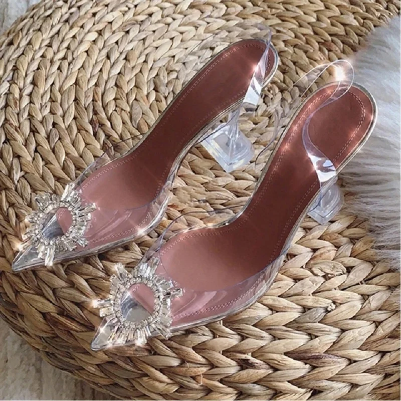 

2022 New Summer Joker Pointy Thick Heel Sexy Rhinestone Transparent Sandals Women