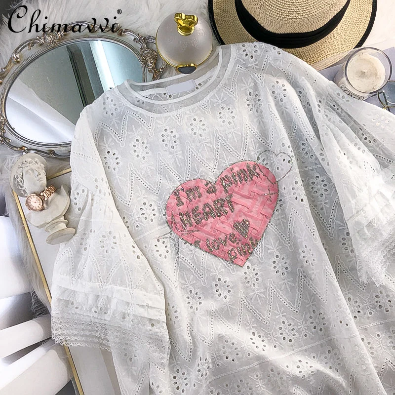 

European Hot Rhinestone Love Mid-Length Flare Sleeve T-shirt Dress Women 2022 Summer New Fashion Loose Large Lace Hollow Dresses