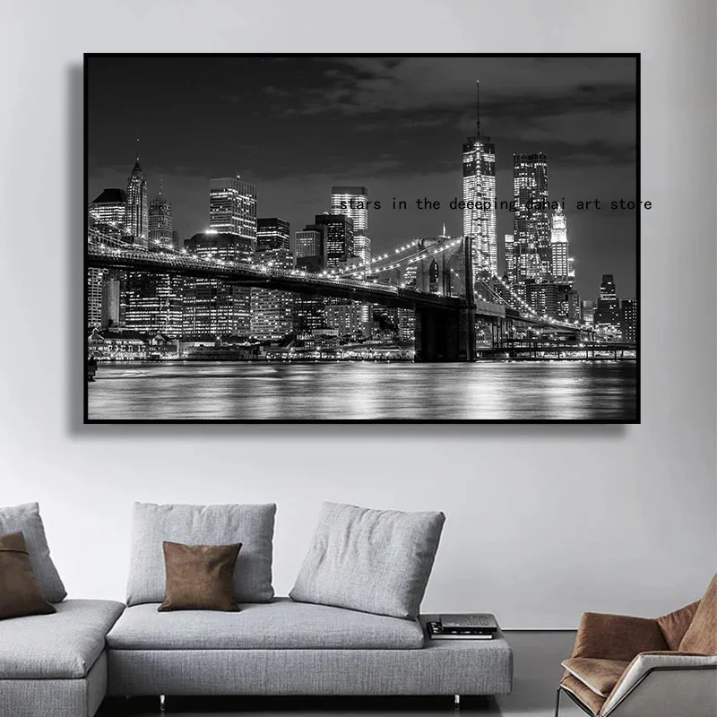 Нью-Йорк Бруклинский мост ночной вид город река ландшафт картина настенные