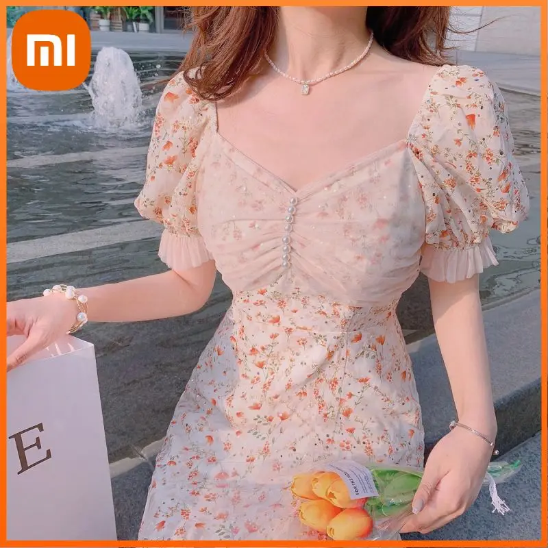 

Xiaomi Lace Floral Dress Office Lady Short Sleeve Elegant Vintage Midi Dress Women Casual Beach Party Piece Dress Korea Summer