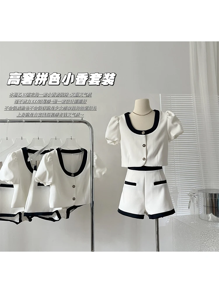 

Summer Women Vintage Aesthetic Outfits 2 Piece Shorts Set Sleeveless Single-breasted Crop Top + Shorts Korean Fashion Elegant