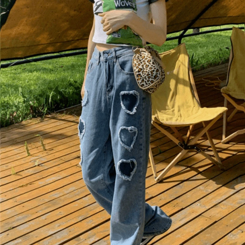 Fat Plus Size Blue Pants Women Are Thin and Loose Love Wide-leg Trousers Heart-shaped Peach Heart High Waist Straight Jeans