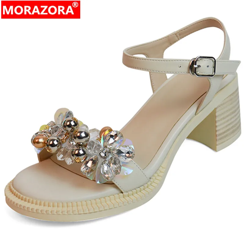 

MORAZORA 2022 New Hot Sale Rhinestone Genuine Leather Sandals Women Square High Heels Shoes Summer Fashion Ladies Dress Shoes