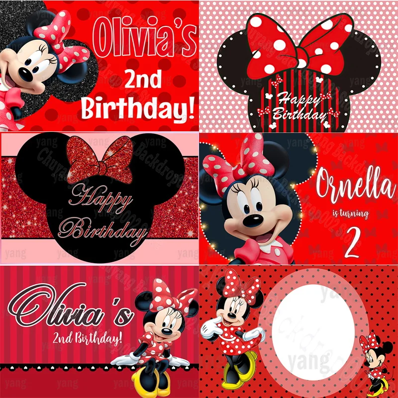 

Disney Red Minnie Mouse Head Glitter Dots Custom Background For Girls 1st Birthday Party Table Banner Decoration Backdrop