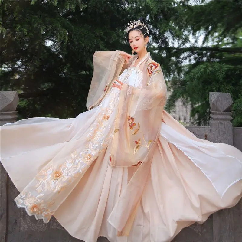 

Женский костюм Hanfu в старинном китайском стиле, Женский костюм для косплея, танцевальное платье, винтажное бежевое платье Hanfu