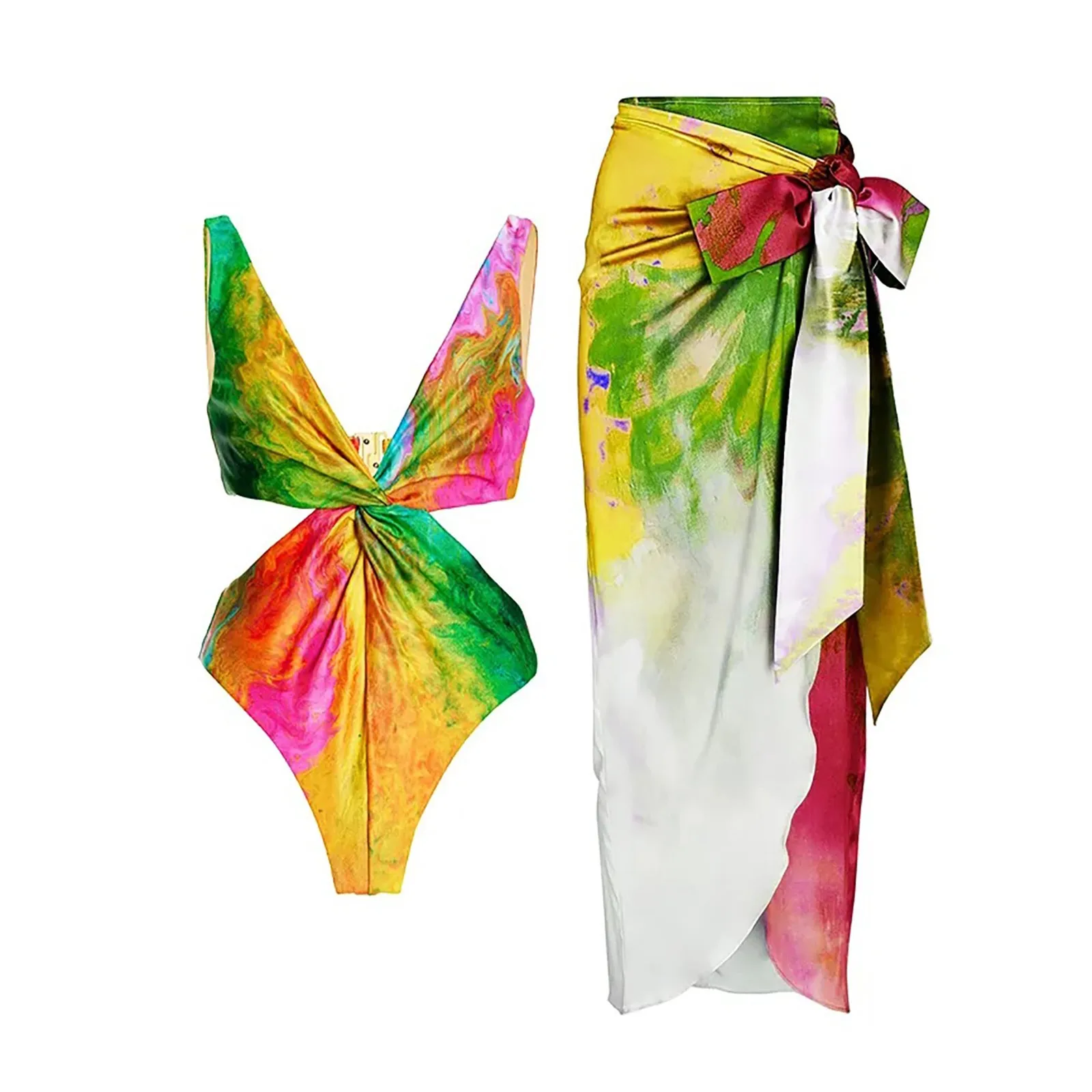 

Women's Deep V Neck Colorful Print Hollow Swimsuit Biquinis Triangle Straps Split Swimsuit Female Bathing Suit Thong Biquinis