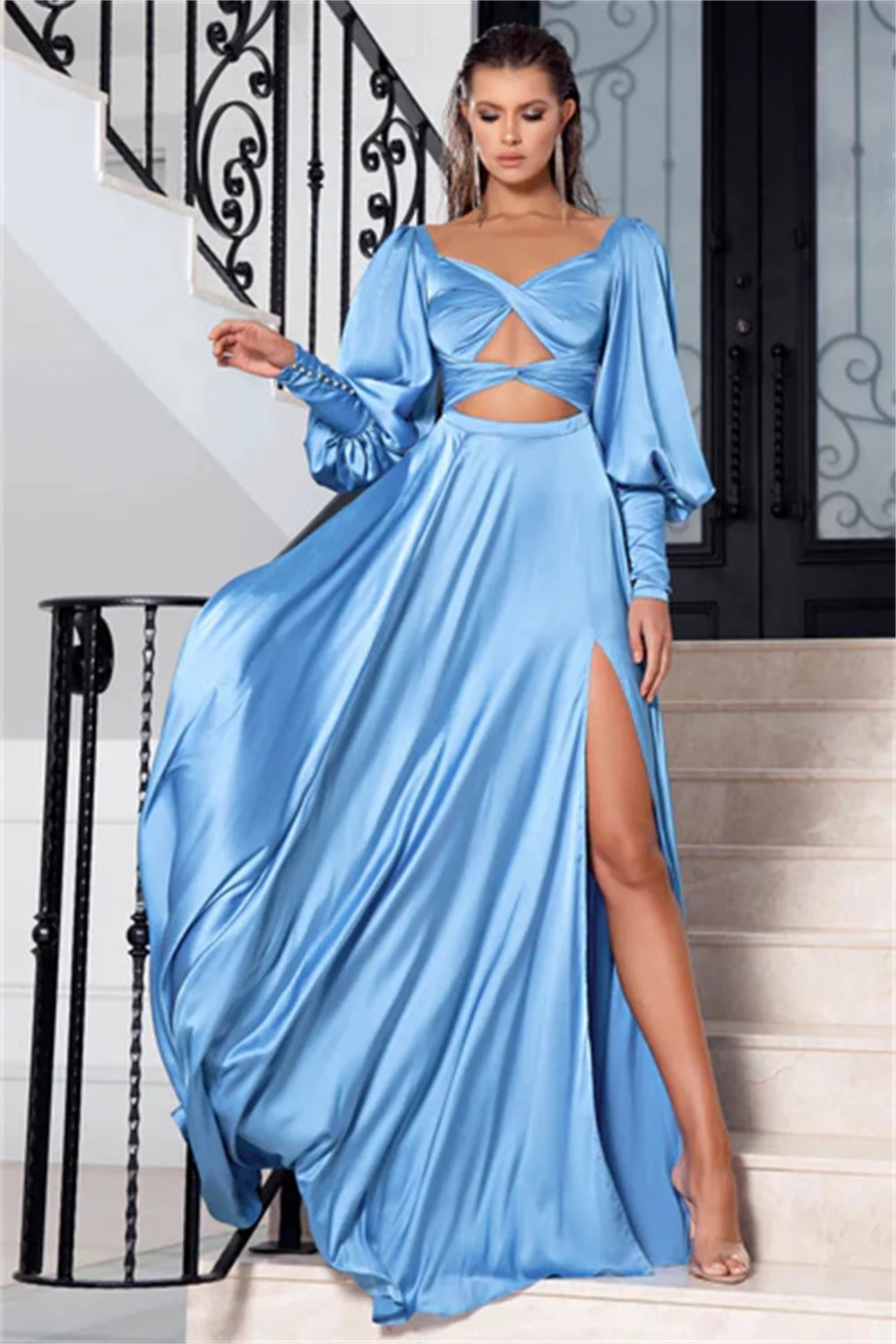 Women Satin Prom Evening Dress Sexy Strapless Hollow Out Backless Party Dress Elegant High Split A-Line Cocktail Dresses
