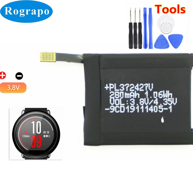 

New PL372427V 280mAh Battery For Huami AMAZFIT PACE A1602 A1612 Sports Smart Watch Repair Accumulator +tools