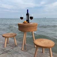 handmade rattan rack round table small bar portable travel table detachable dining table trend retro personality