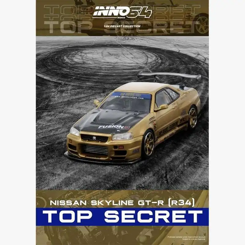 Фото INNO в наличии 1:64 TOP SECRET Nissan Skyline R34 GTR Золотая литая диорама Коллекция моделей автомобилей Миниатюрные игрушки №3