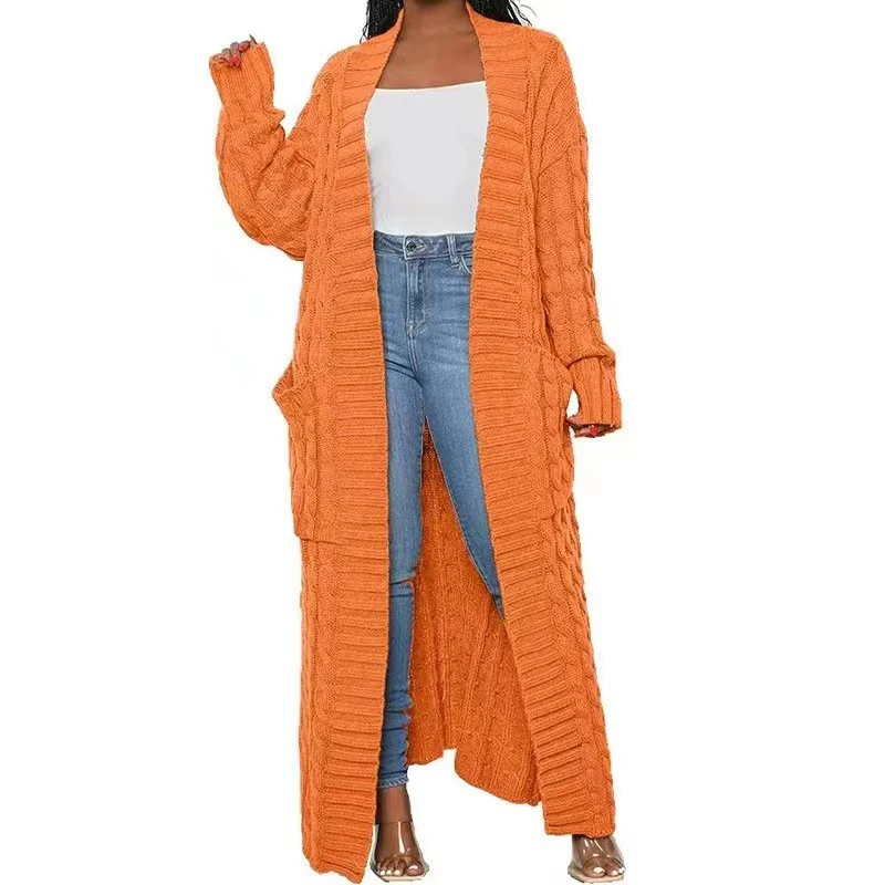 2022 New Women'S Wear Autumn And Winter Loose Knitted Cardigan Slouchy Style Pocket Long Fried Dough Twist Knitted Sweater Coat
