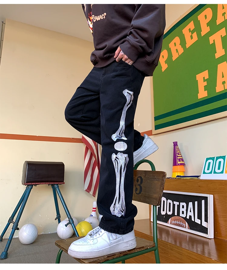 Jeans spring and summer new high street American men's and women's tide brand skeleton hip-hop personality straight trousers