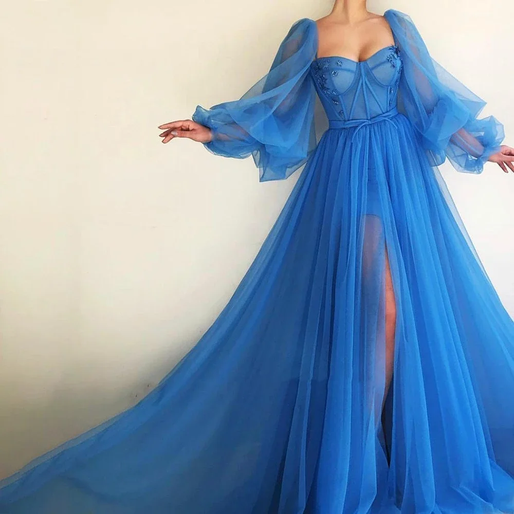 

Roseca Ye Puff Sleeves Sweet Heart Neckline Blue Prom Dresses Sexy A-line Evening Dress Wedding Party Gowns Vestido De Mujer