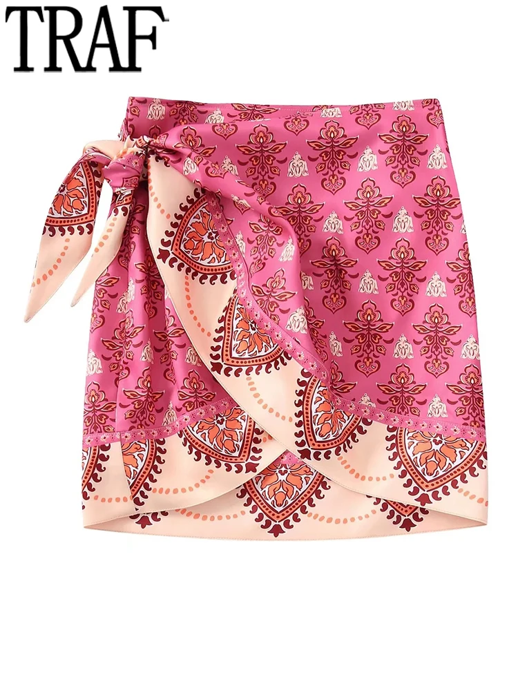 

TRAF 2022 Printed Wrap Mini Skirt Women Beach Sarong Summer Skirts Woman Knot High Waist Boho Skirt Y2k Vintage Beach Skirt