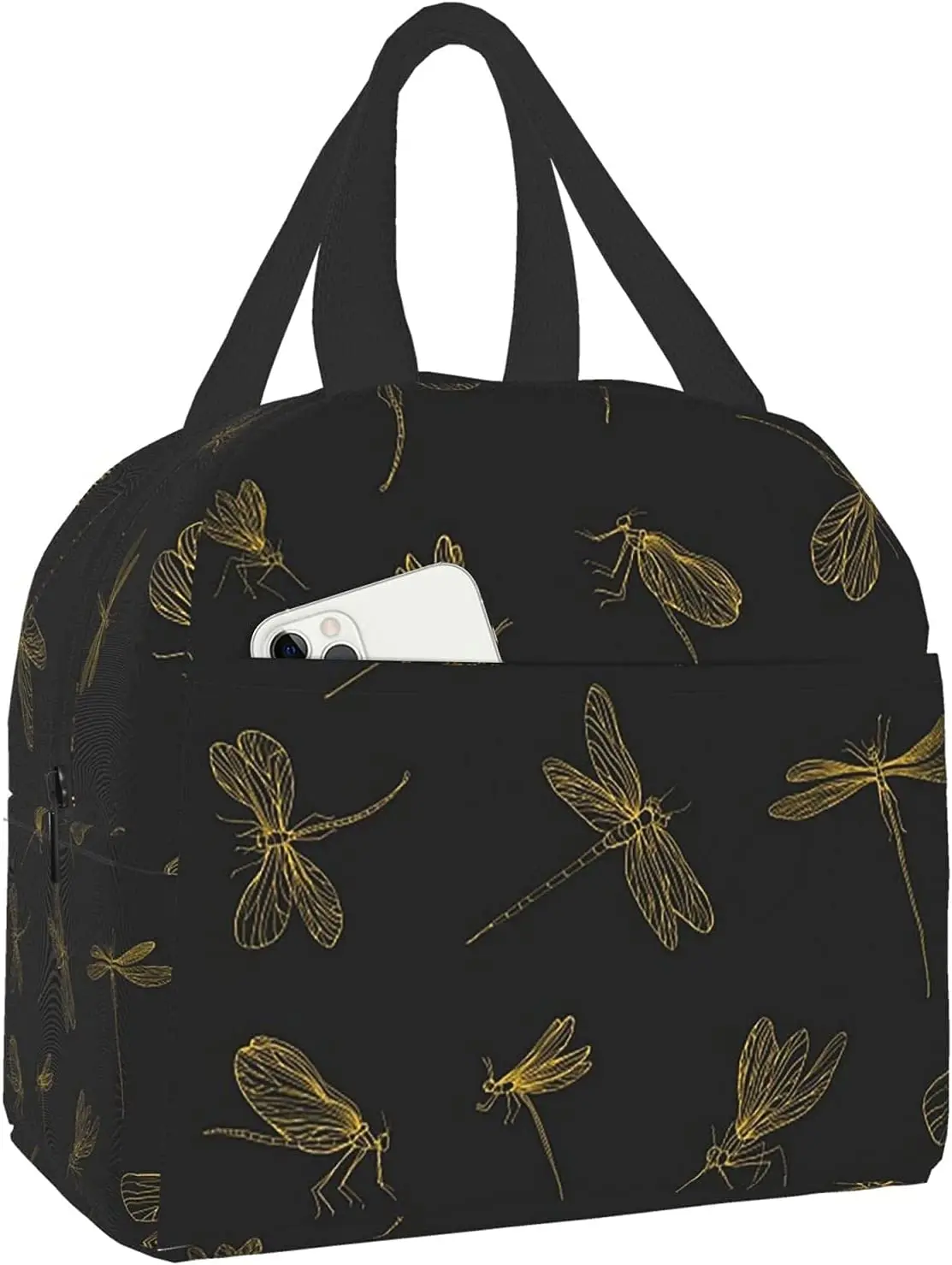 

Gold Dragonflies Black Lunch Bag for Women Men Lunch box Insulated Soft Bag Mini Cooler Thermal Tote Bag for Office Work School