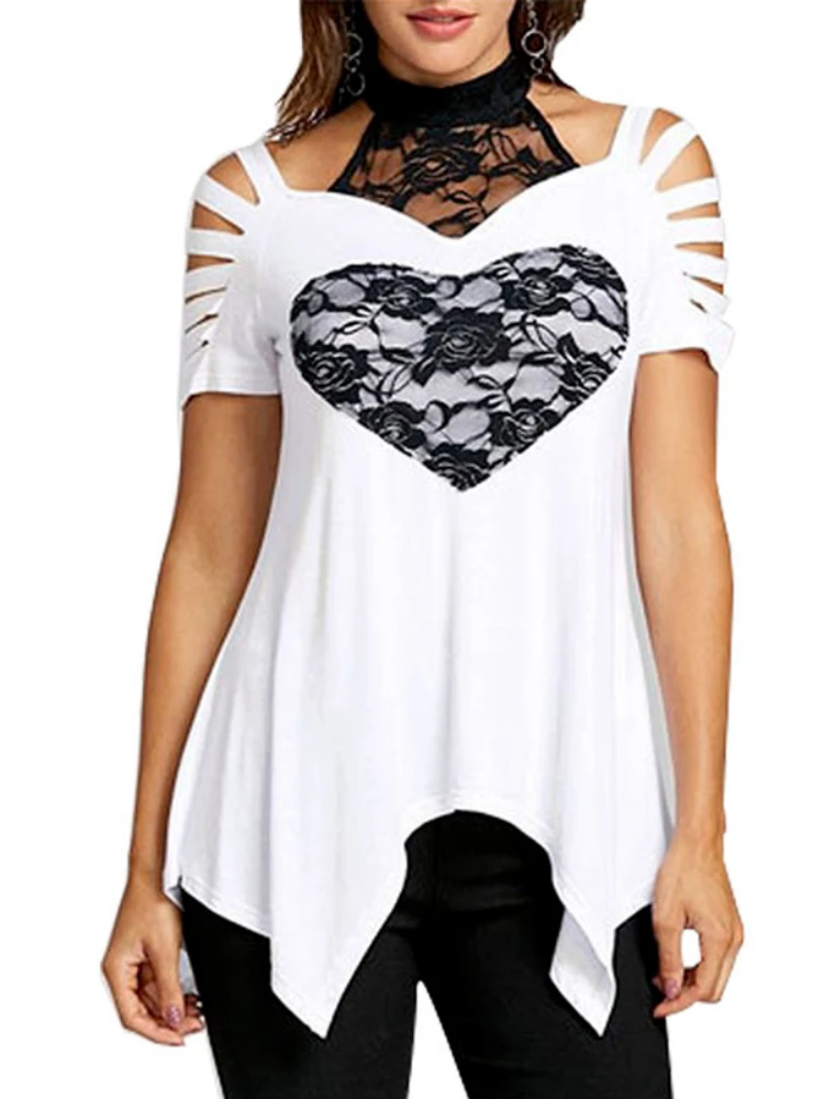 

Summer T Shirt Women Sexy Clubwear Lace Hollow Out Tee Tops Fashion Short Sleeve O Neck White Woman Tops