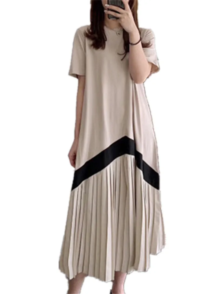 Женское плиссированное платье с длинным рукавом круглым вырезом и высокой