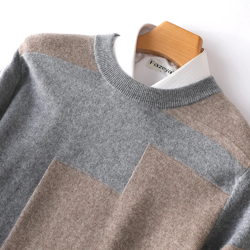 100%  Wool Sweater Men  Pullover Fashion Patchwork Vintage Top Autumn Winter Large Size Men's Cashmere Sweater