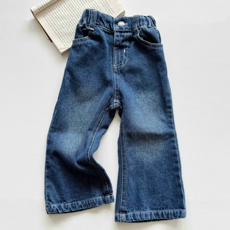 Фото Джинсы однотонные для девочек 2026: винтажные, с эффектом потертости, в корейском стиле, повседневные, расклешенные, весна/осень №5