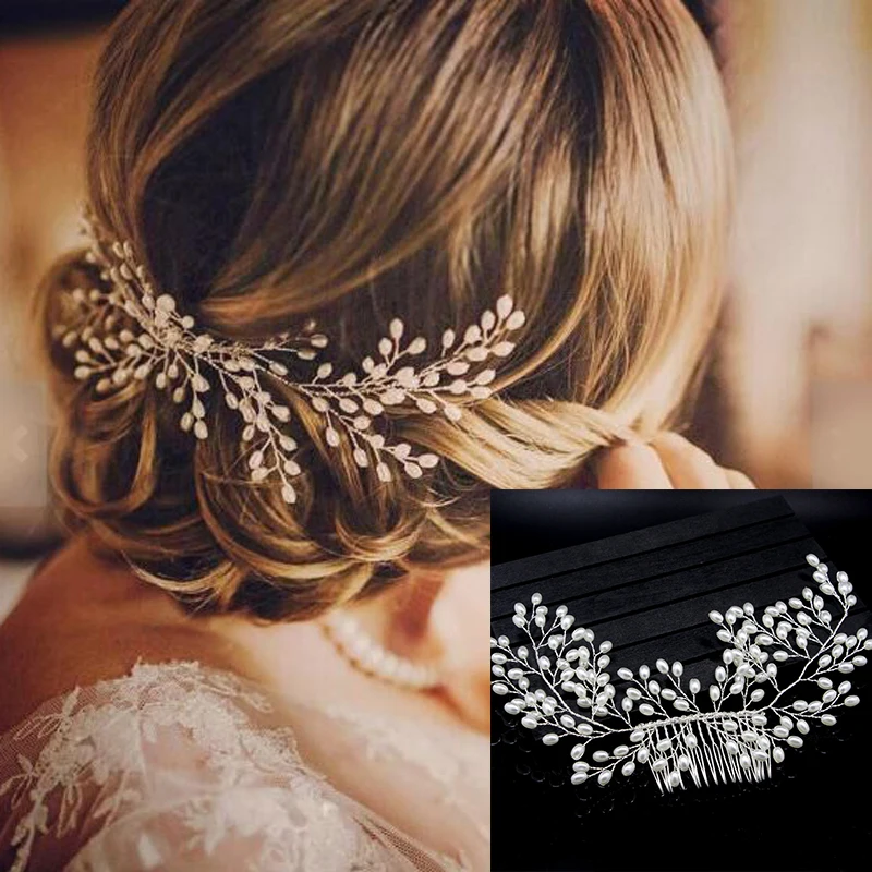 

Wedding Elegant Hair Accessories Bride Crystal Hair Comb Headwear Flashing Ornaments Rhinestone Pearl Bridal Hair Clip Jewelry