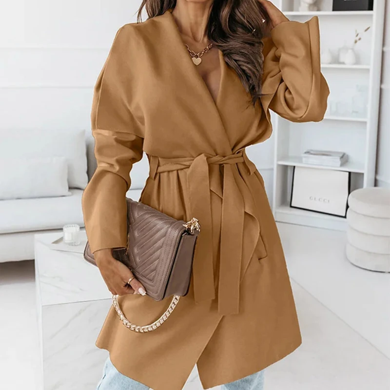 

Женская Офисная однотонная верхняя одежда на осень и зиму, винтажная приталенная Женская куртка средней длины с V-образным вырезом и длинны...