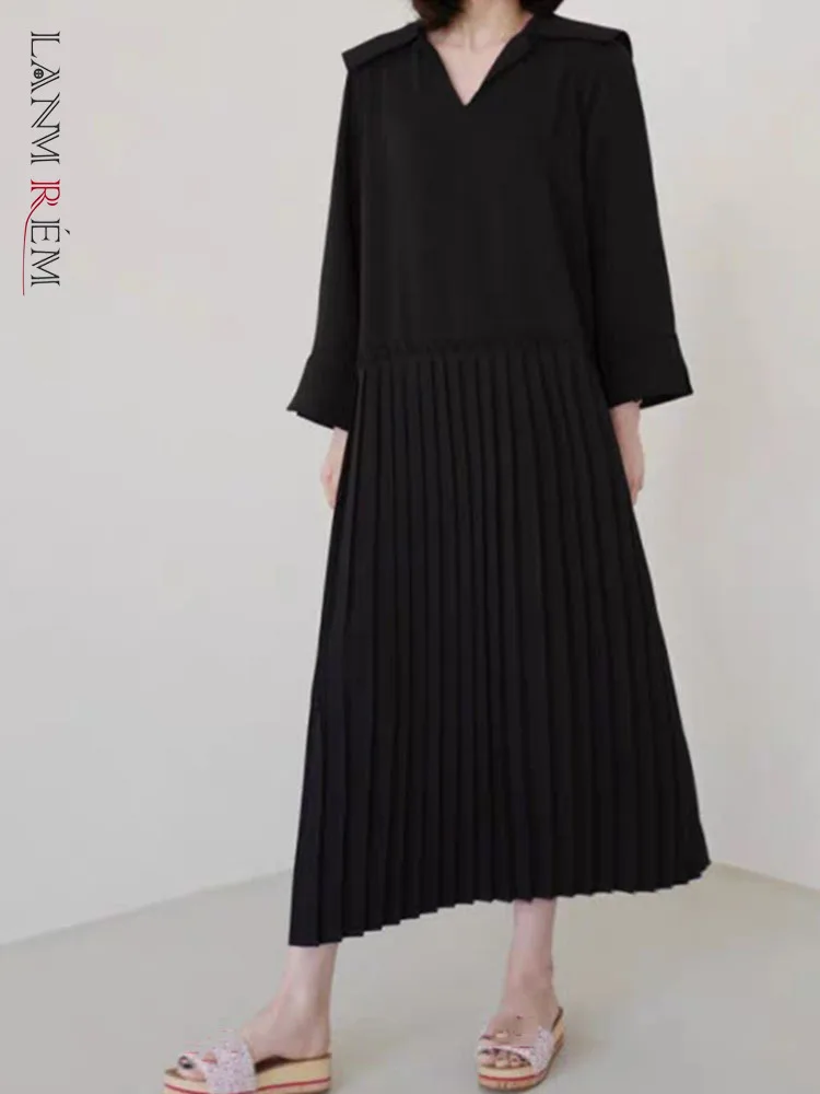 

LANMREM Women Solid Color Folds Midi Dress Waist Sleeve Split V-neck Ruffles Loose 2022 Summer Female Fashion Clothing 2I570