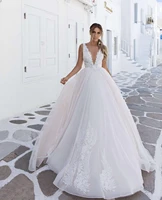 spring lace appliques wedding dress a line v neck tank sleeve backless tulle floor length sweep elegant train bride gown 2022