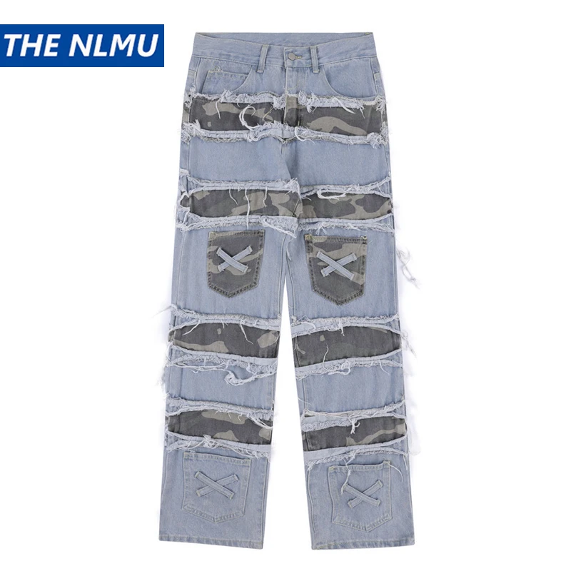 2023 Vintage Denim Pants Jeans Men Streetwear Retro Ripped Patch Hole Denim Pant Jeans HipHip Casual Joggers Trousers