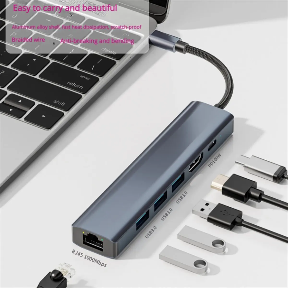 Док-станция (A65I) PD RJ45 для Thunderbolt: адаптер Type-C на USB 3.0, разветвитель-хаб для ноутбука, USB-расширитель, гигабитный хаб (art.: 3920dbc81df23) - 3920dbc81df23