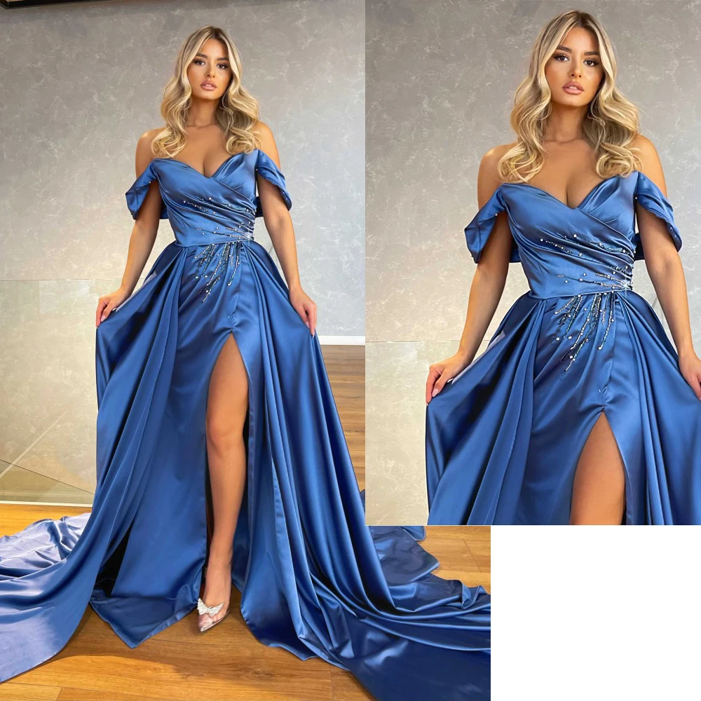 

Elegant Off The Shoulder Stunning Beaded Satin Mermaid Evening With Sweep Train Custom Made 2023 Vestido De Noival