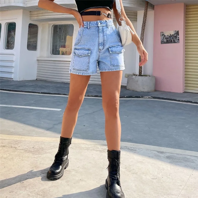 Straight Leg Denim Shorts Women High Waist With Button Pockets Jeans Summer 2022 New Wash Distressed Streetwear Short Pants