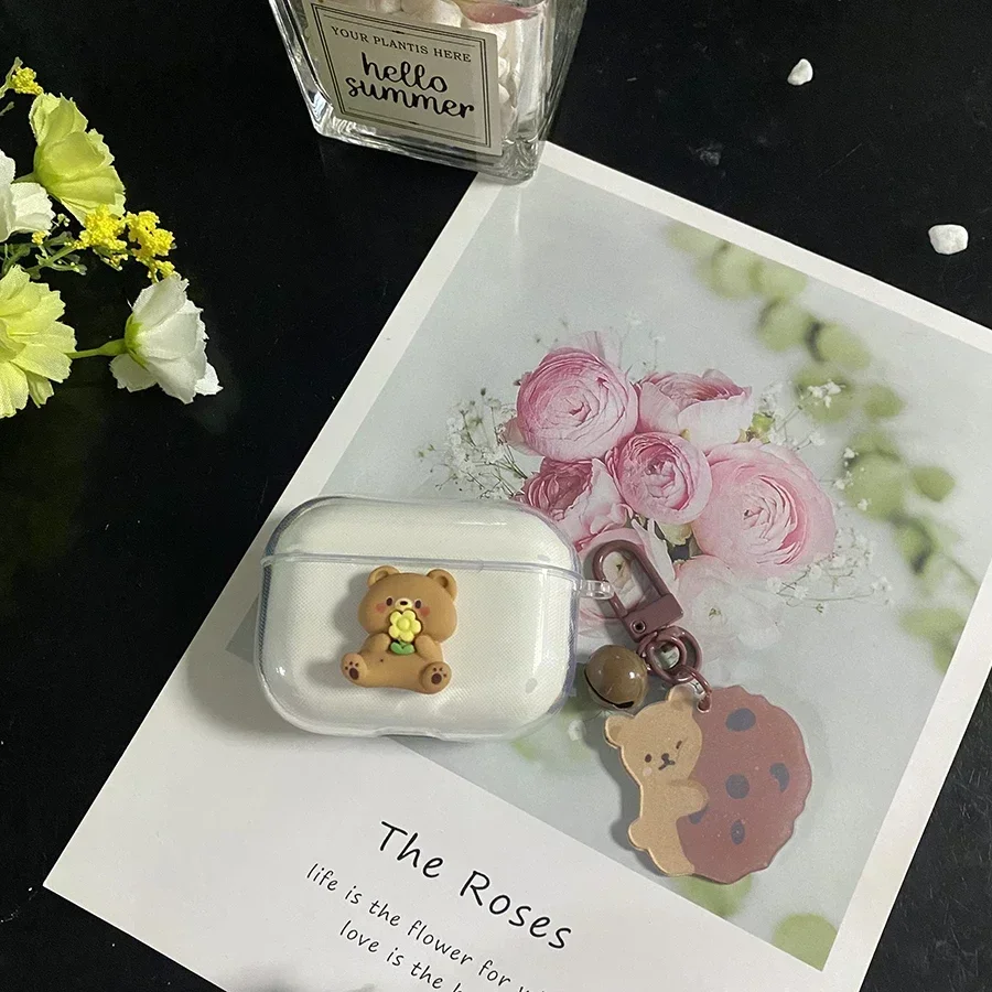 Чехол для SoundPEATS CAPSULE3 PRO брелок с милым медведем/цветочником прозрачный