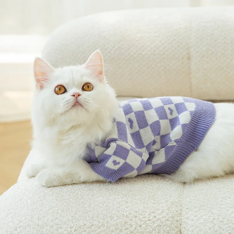 

Autumn New Pet Chessboard Love Cardigan Sweater Warm Cat Clothes Anti Shedding Small Dog Clothing