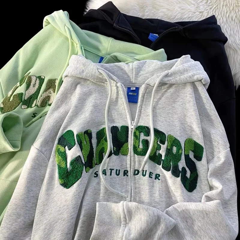 

Толстовка женская с капюшоном на молнии, свободная повседневная кофта контрастных цветов в стиле ретро, с надписью и вышивкой, одежда 90-х