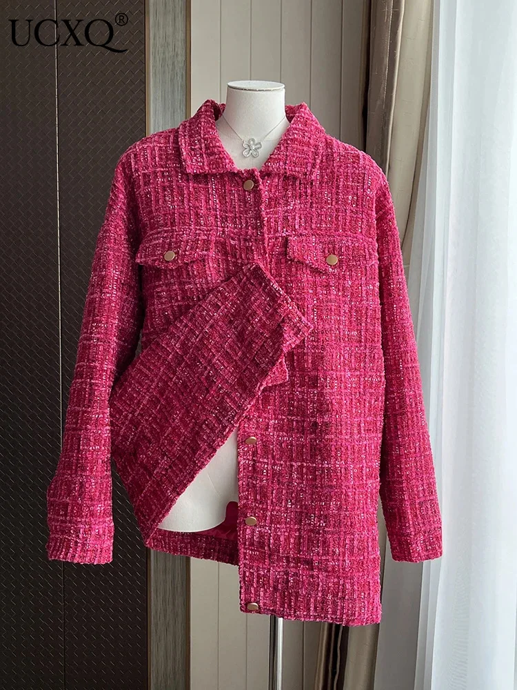 

Красное твидовое пальто UCXQ с длинным рукавом для женщин, Корейская однобортная свободная модная шерстяная куртка, новинка сезона осень-зима 2023, 23A5529