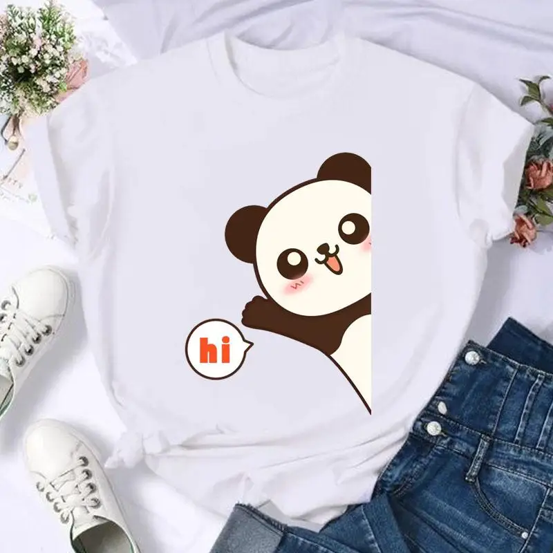 

Футболка женская повседневная с принтом панды и сердечек, милая Модная рубашка с коротким рукавом, с мультяшным графическим принтом, на лет...