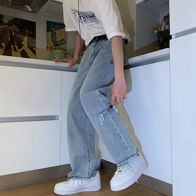 Straight Jeans Men's Simple Design Retro Ripped Men's Pants Korean Version of The Trend Loose Straight Casual Pants Streetwear
