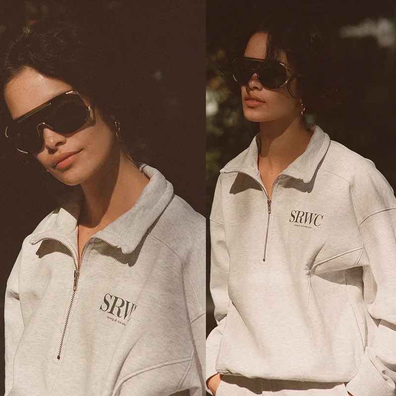 

Women Letter Print Stand Collar Half Zipper 100% Cotton Sweatshirt