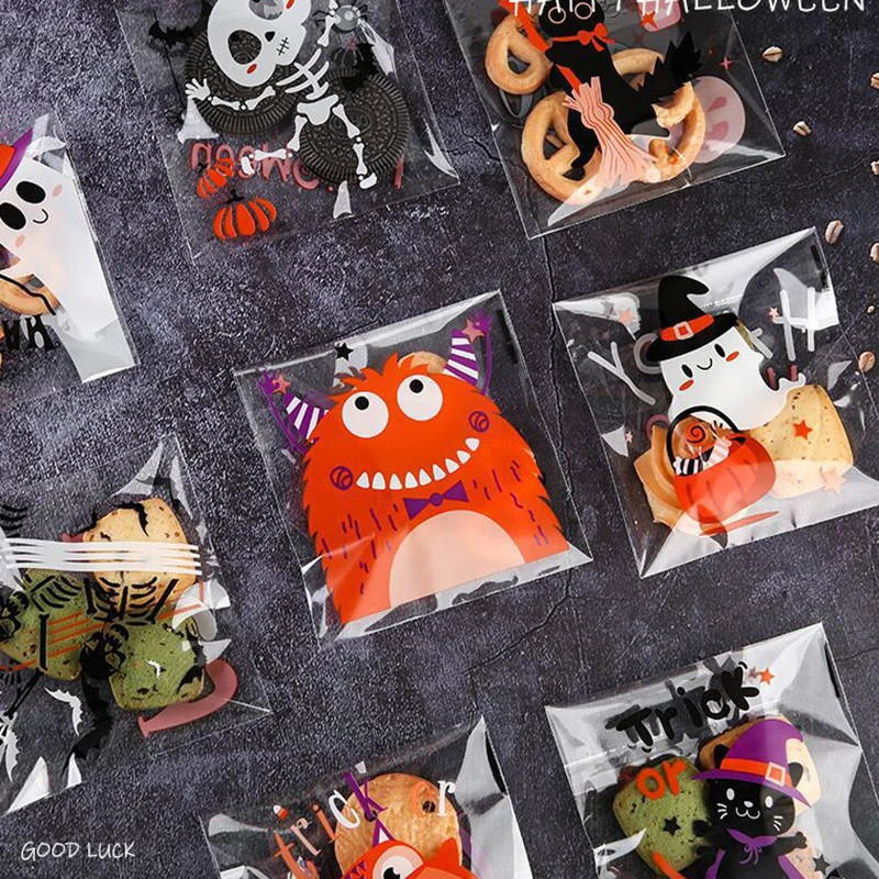 

50/100 Pcs 10x10cm Halloween Plastic Candy Cookies Gift Bag Self Adhesive Snack Wrap Bag Halloween Party Decorations Kids Gifts