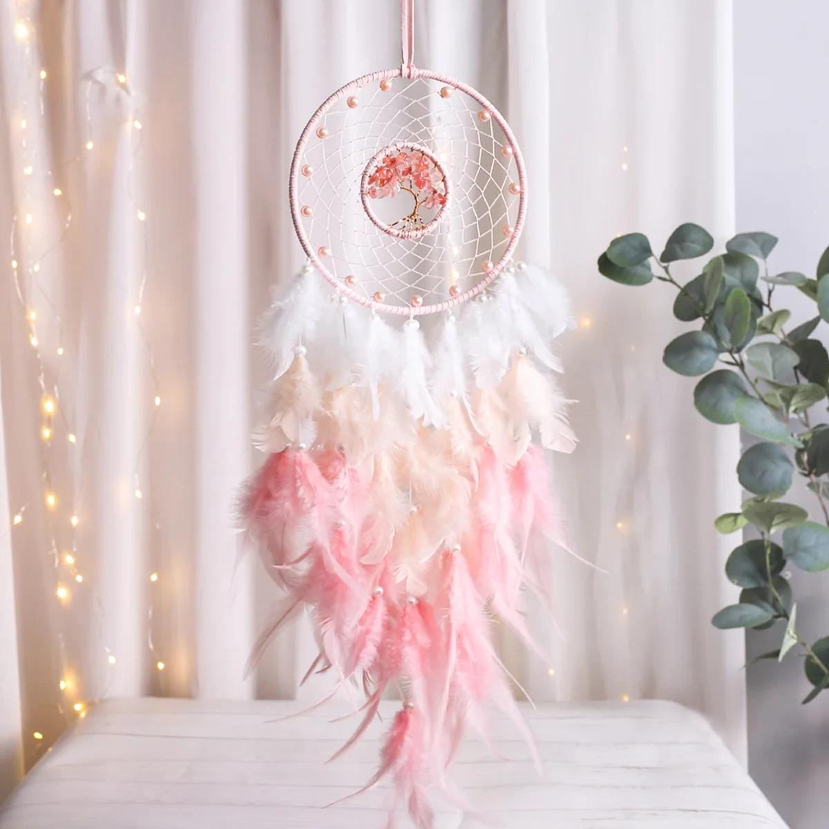 

Life Tree Wind Chime Dream Catcher Feather Boho Pink Girls Kawaii Bedroom Wall Decor Birthday Christmas Gift Home Decoration